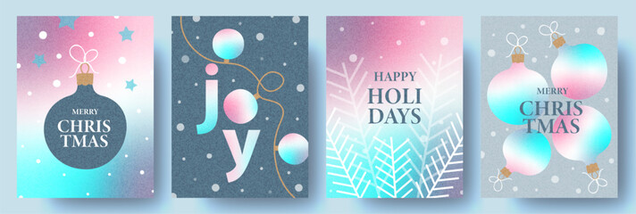 Merry Christmas and greeting card Set. Modern beautiful Xmas design with typography, gradient, balls, snowflake. Trendy illustration for season banner, poster, cover.