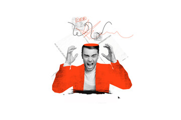 Composite photo collage of scream angry businessman cut head burnout irritation mood problem job...