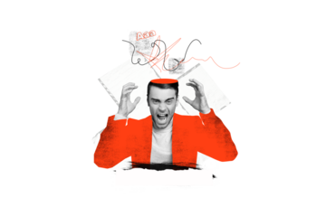 Composite photo collage of scream angry businessman cut head burnout irritation mood problem job failure isolated on painted background