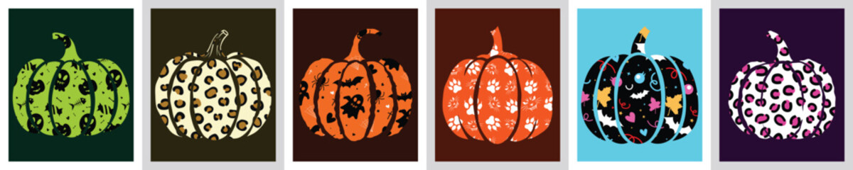 Halloween pumpkins sublimation design. Halloween pumpkins vector set. Patterned Halloween pumpkins bundle. Cute and spooky patterned gourds, colorful vector clip art for Halloween T-shirts.