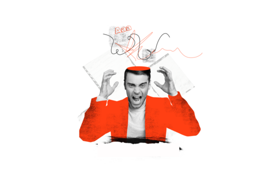 Composite photo collage of scream angry businessman cut head burnout irritation mood problem job failure isolated on painted background