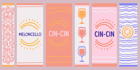 Set of six colorful vertical banners with playful abstract designs and text for drinks and celebrations