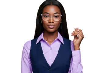 Confident African American businesswoman in glasses isolated PNG, professional woman in vest and blouse on transparent background