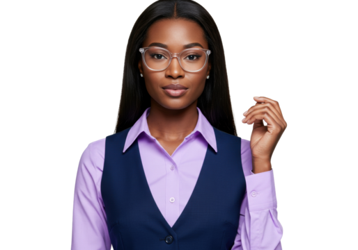 Confident African American businesswoman in glasses isolated PNG, professional woman in vest and blouse on transparent background
