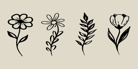 Simple hand drawn black line art flowers and leaves on a neutral background