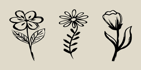 Three hand drawn black ink flowers and leaves on a beige background minimalist brush stroke art