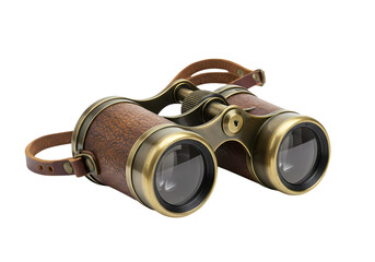 Vintage Brass and Leather Binoculars, Classic Optical Instrument for Exploration and Discovery, Isolated on White Background isolated on transparent background