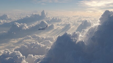 Airplane Flying Above Dramatic Cloudscape At Sunrise. Journey Through The Sky