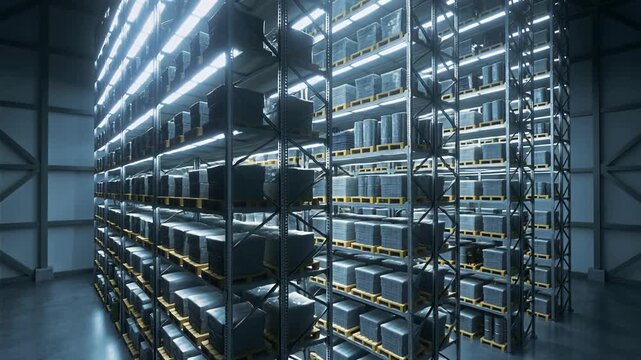 High bay warehouse interior with tall metal racking and stacked pallets cool LED lighting efficient organized storage conveying industrial calm