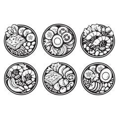 poke bowl collection. Salmon, cucumber, tomato, egg, shrimp and other vector