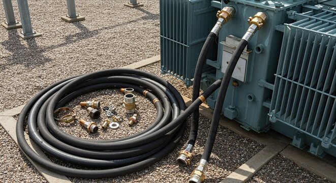 Heavy duty industrial hoses and brass fittings laid out next to a large electrical transformer unit on a sunny day, ready for utility maintenance or construction projects
