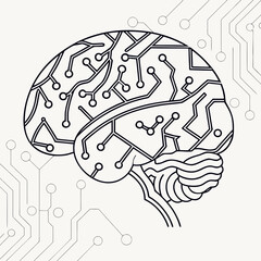 Stylized outline of a human brain with circuit board patterns and connections