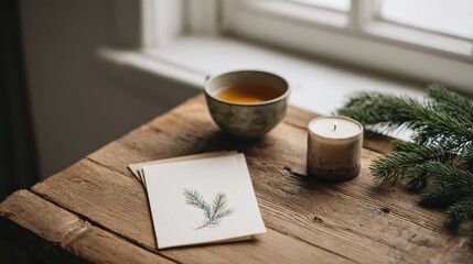 Cozy Winter Scene With Tea, Candle, And Pine Branch On Rustic Table. Warmth And Tranquility In A Serene Setting