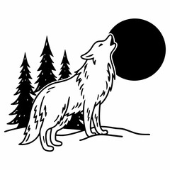 Stylized wolf howling at the moon with pine trees in the background