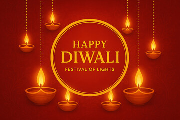 Naklejka premium Elegant diwali background with hanging glowing clay lamps and golden circular frame on red backdrop for festival greeting