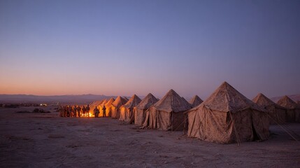 Military Camp At Dusk With Soldiers Gathered Around Campfire. Evening Camaraderie In Desert Setting