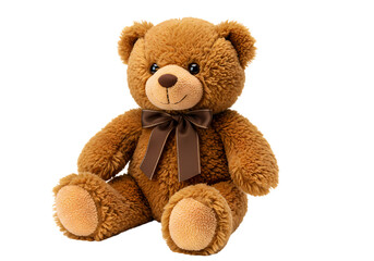 Classic Brown Plush Teddy Bear with Patterned Bow on White Background - Children's Comfort Toy and Gift Concept isolated on transparent background