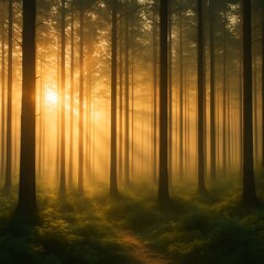 Fototapeta premium Golden morning sunlight filtering through misty pine forest