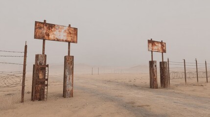 Rusty Barbed Wire Fence And Signs In Desert Landscape. Symbol Of Isolation And Abandonment