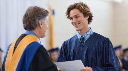 Graduate Receiving Diploma From Faculty Member At Ceremony. Celebrating Academic Achievement And Success