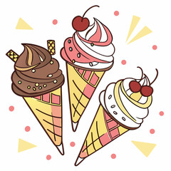 Three delicious ice cream cones with cherries and wafers on white background