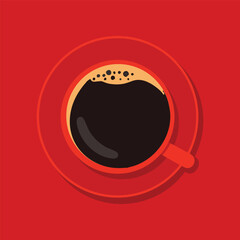 a cup of coffee on a saucer set against a solid red background. The coffee cup and saucer are also red,