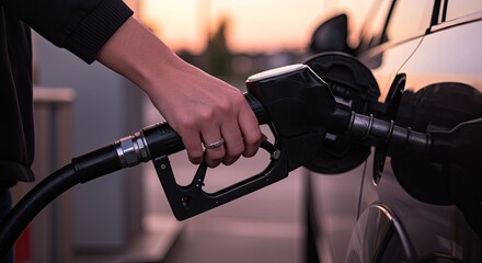 Close up of a person's hand holding a fuel pump nozzle filling a car at a gas station during a warm sunset glow, capturing everyday life and essential travel needs
