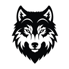Black wolf head with intense eyes on white background Keywords: wolf, head, logo, animal, wild