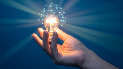 Hand holding glowing lightbulb with connection graphic on blue background