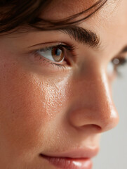 Eczema close up skin: Close up portrait captures young woman raw emotion, skin glistening, tear streaks down her face, revealing vulnerability