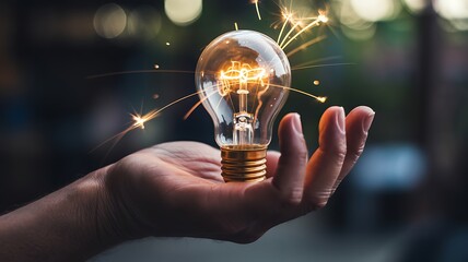 Hand holding light bulb radiating creativity innovation and imagination ideas