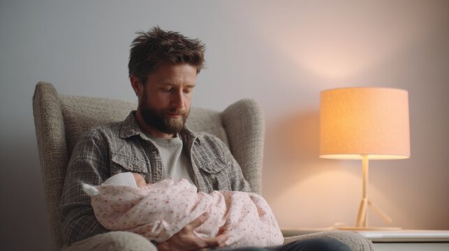 Father Cradling Newborn Baby In Cozy Living Room. Parental Bonding And Nurturing
