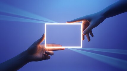 Hands Holding Glowing Frame with Light Rays on Blue Background