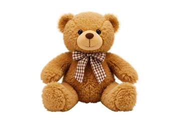 Classic Brown Plush Teddy Bear with Patterned Bow on White Background - Children's Comfort Toy and Gift Concept isolated on transparent background