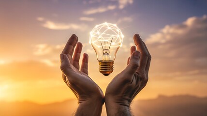 Hands holding light bulb with network against sunset sky innovation