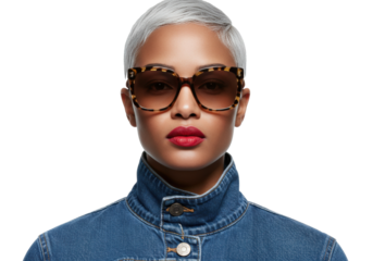 Stylish woman with short gray hair and tortoiseshell sunglasses isolated, portrait of a fashionable model in denim jacket