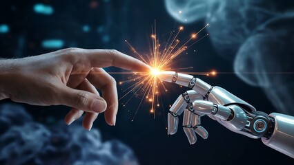 Human and robot hands touching creating a bright spark innovative collaboration