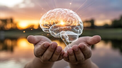 Human brain hologram held in hands representing knowledge and creativity