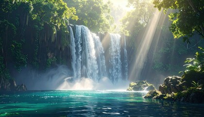 A serene waterfall cascading into a tranquil turquoise pool, bathed in the golden light of a vibrant tropical forest.