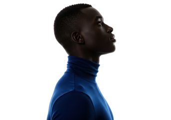 Dark-skinned man in blue turtleneck isolated on transparent background, side profile portrait in studio lighting PNG