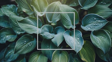 Lush Green Hosta Leaves with Water Droplets and Square Frame Overlay