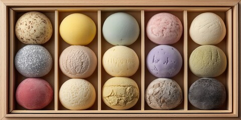 Assorted mochi ice cream in wooden box with various flavors and colors