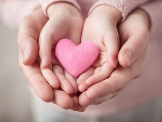 Fototapeta premium 親子の手のひらに包まれたピンクのハートが優しさと愛情を象徴する温かい構図