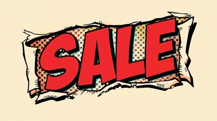 A bold red 'SALE' text in retro pop art style with halftone shading and thick black outline background