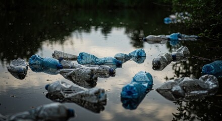Floating plastic bottles polluting murky water, a stark visual of environmental crisis and the urgent need for conservation efforts