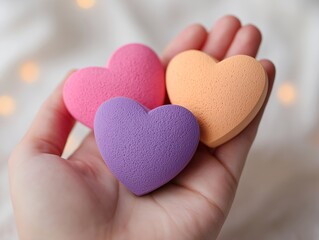 手のひらに乗せたピンクとオレンジと紫のハートが優しさと愛を表現する癒しの構図