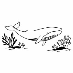 Whale swimming gracefully in the ocean with coral reefs and plants