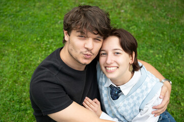 Obraz premium 19 yo white couple with male and female holding each other in love, Borchtlombeek, Belgium