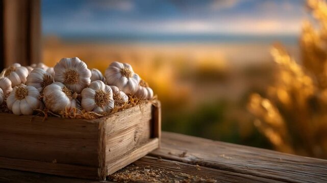 A rustic farm scene featuring garlic bulbs spilling from a crate on a weathered wooden table, set against a blurred agricultural field in warm, cinematic tones.