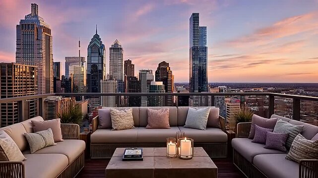 Luxury rooftop terrace showcasing modern furniture set against the Philadelphia skyline